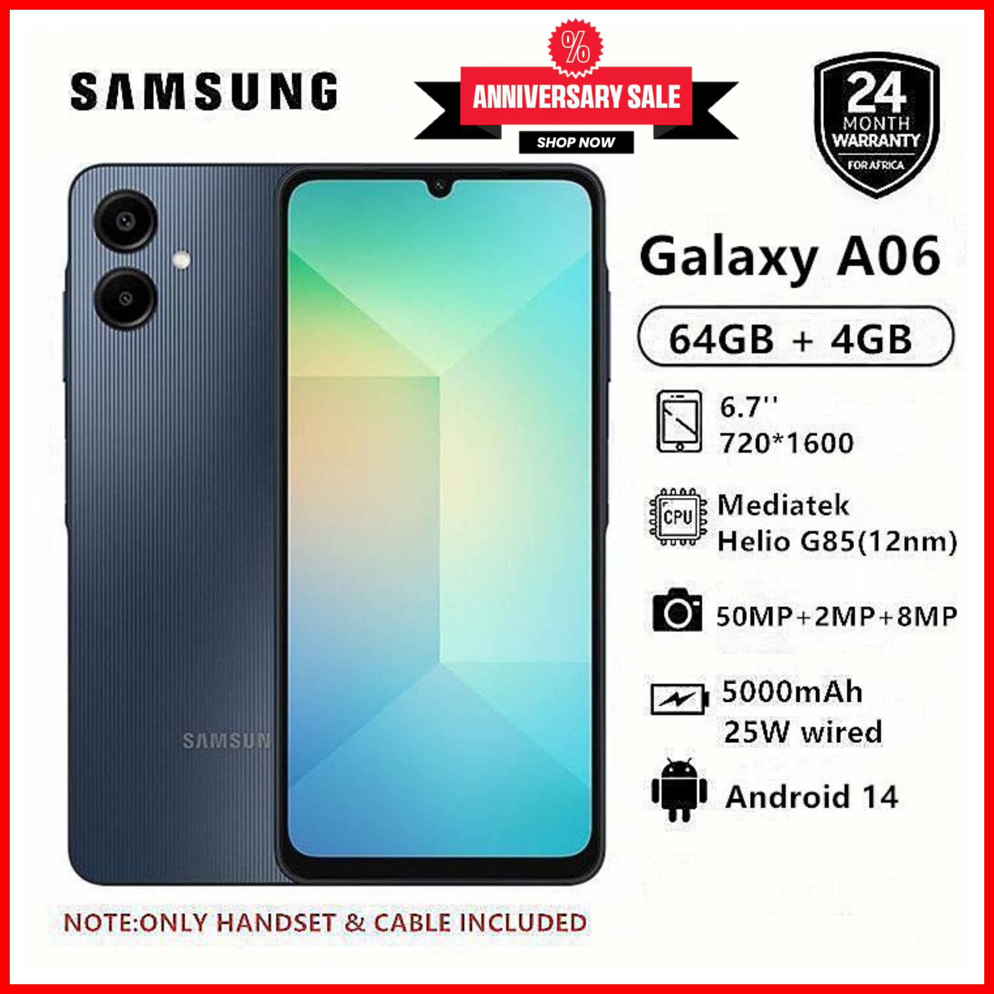KILIMALL ANNIVERSARY DEALS!!Samsung Galaxy A06 64GB/128GB+4GB MTK Helio G85 (12nm) 50MP Dual Camera 6.7" Display 5000mAh 25W Type-C Charge Android 14 Smart Phones Samsung a06, ao6 samsung a06 galaxy