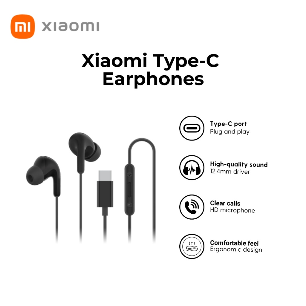 HOT DEALS!! Xiaomi Type-C Wired Earphones: Built-In Microphone | HD Voice Calls | IP54 Water & Dust Resistant | 3-Button Wire Controls | Comfortable In-Ear Fit | Tangle Free | 1.25m Long | Earphones
