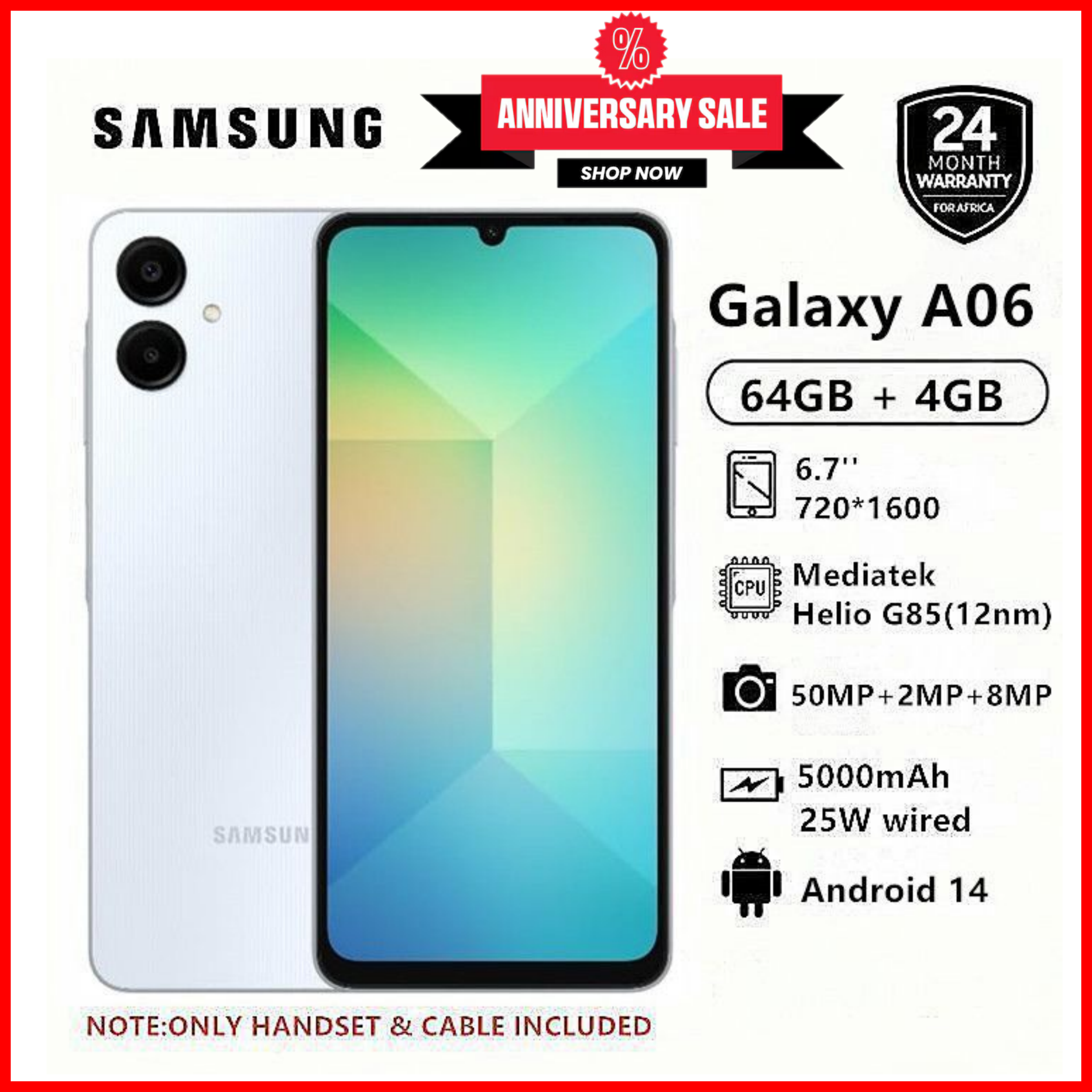 KILIMALL ANNIVERSARY DEALS!!Samsung Galaxy A06 64GB/128GB+4GB MTK Helio G85 (12nm) 50MP Dual Camera 6.7" Display 5000mAh 25W Type-C Charge Android 14 Smart Phones Samsung a06, ao6 samsung a06 galaxy