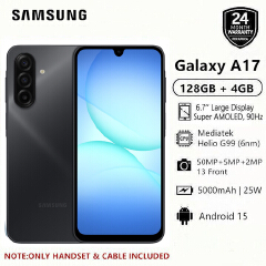 LIMITED OFFERS!! Samsung Galaxy A17 128GB+4GB 6.7" Super AMOLED Display Mediatek Helio G99 50MP Triple Camera Android 15 IP54 Waterproof 5000mAh 25W Type-C AI Smart Phones Samsung A17, A17 samsung