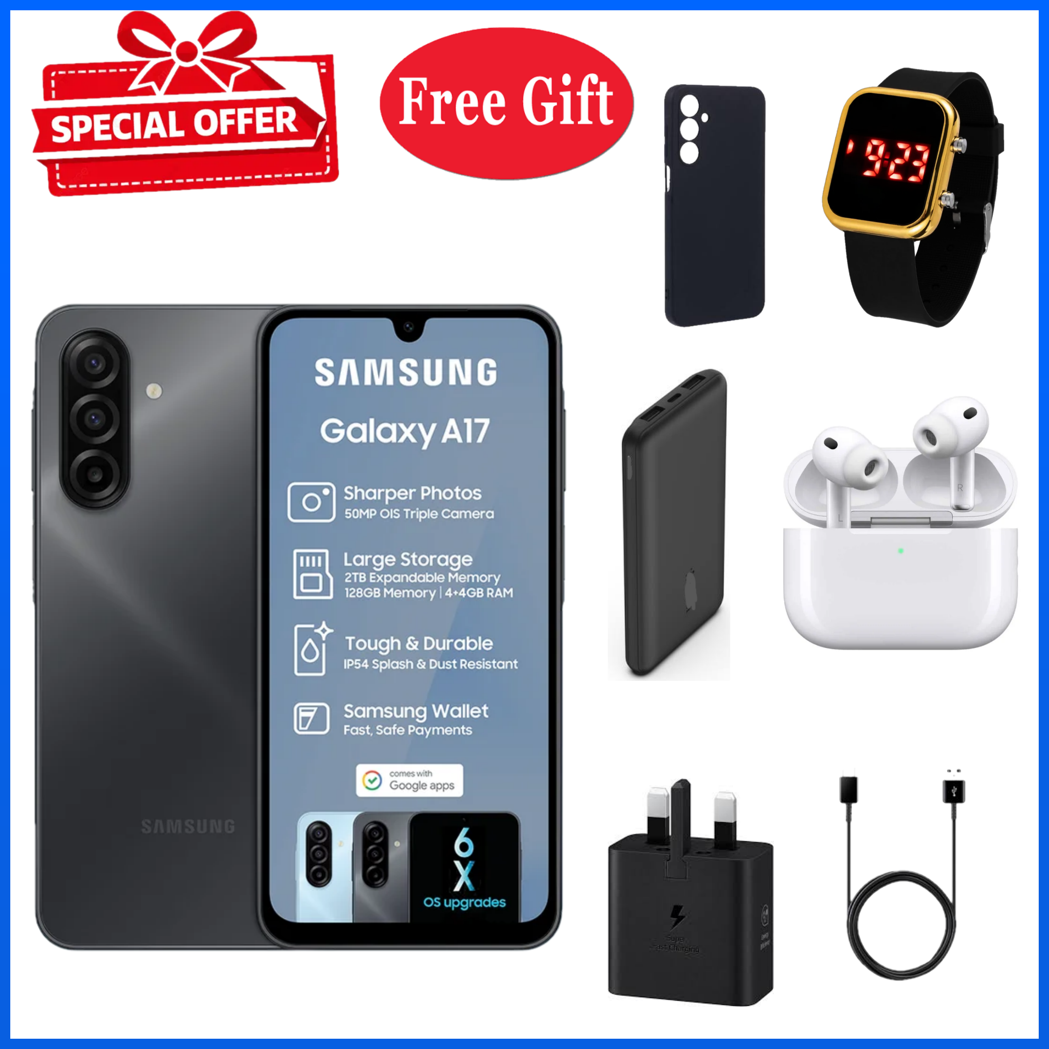 LIMITED OFFERS!! Samsung Galaxy A17 128GB+4GB 6.7" Super AMOLED Display Mediatek Helio G99 50MP Triple Camera Android 15 IP54 Waterproof 5000mAh 25W Type-C AI Smart Phones Samsung A17, A17 samsung