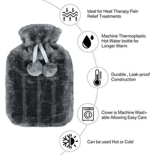 2L Hot Water Bottle with Faux Fur Cover – Soft Luxury Warm Heating Bag for Pain Relief Winter Comfort Reusable Heat Pack
