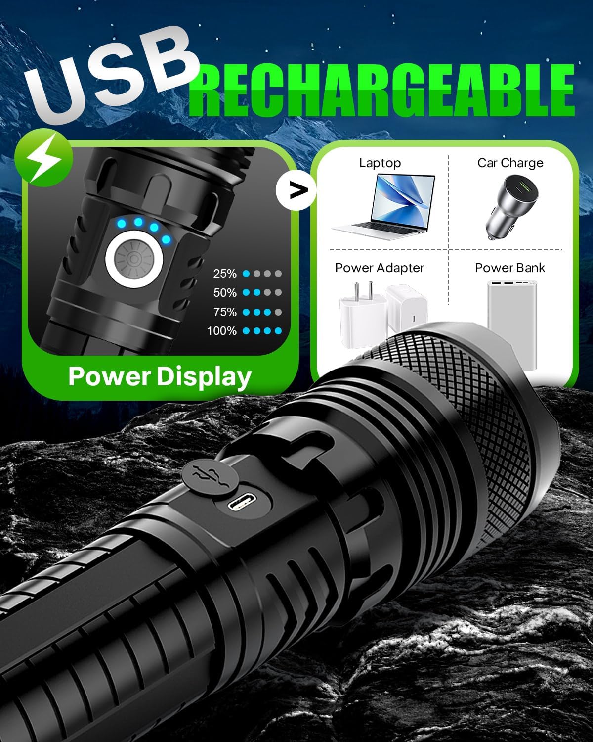 288 High Power LED Tactical Flashlight Rechargeable Torch with Laser – Bright Zoomable Torch Light for Outdoor, Camping & Emergency Use