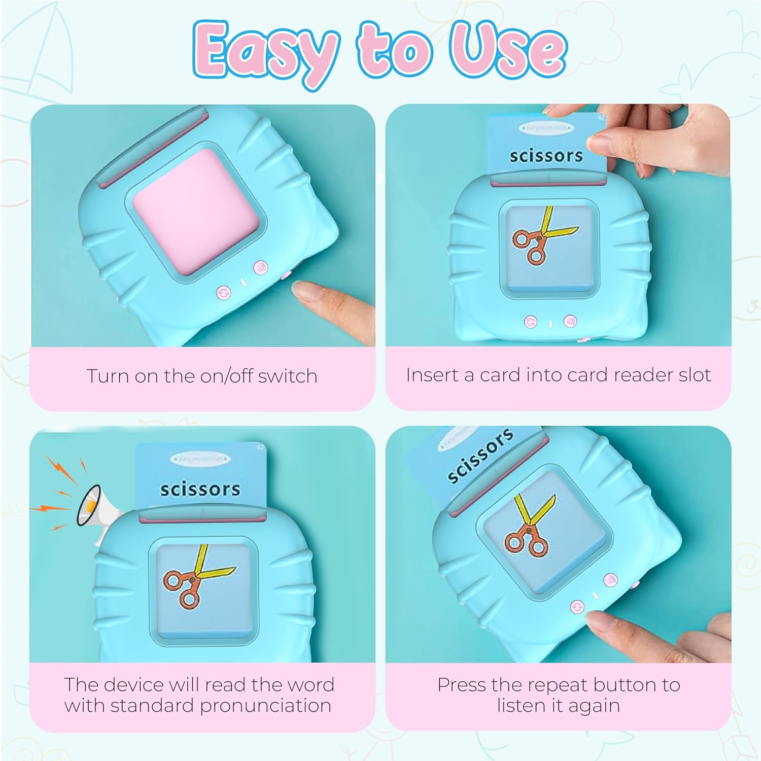Flash Card Reader Word Learning Toy – 112 Cards (224 Words) Educational Talking Device for Kids Early Language Development