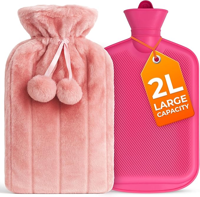 2L Hot Water Bottle with Faux Fur Cover – Soft Luxury Warm Heating Bag for Pain Relief Winter Comfort Reusable Heat Pack
