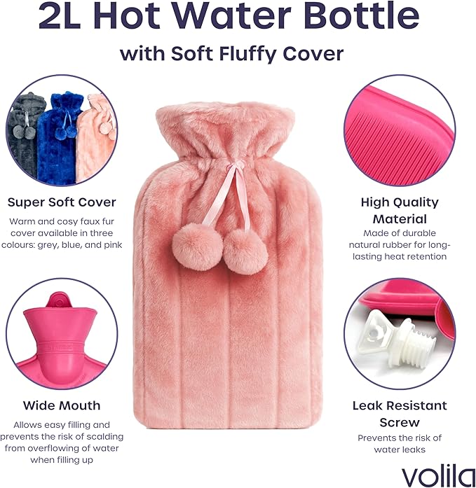 2L Hot Water Bottle with Faux Fur Cover – Soft Luxury Warm Heating Bag for Pain Relief Winter Comfort Reusable Heat Pack