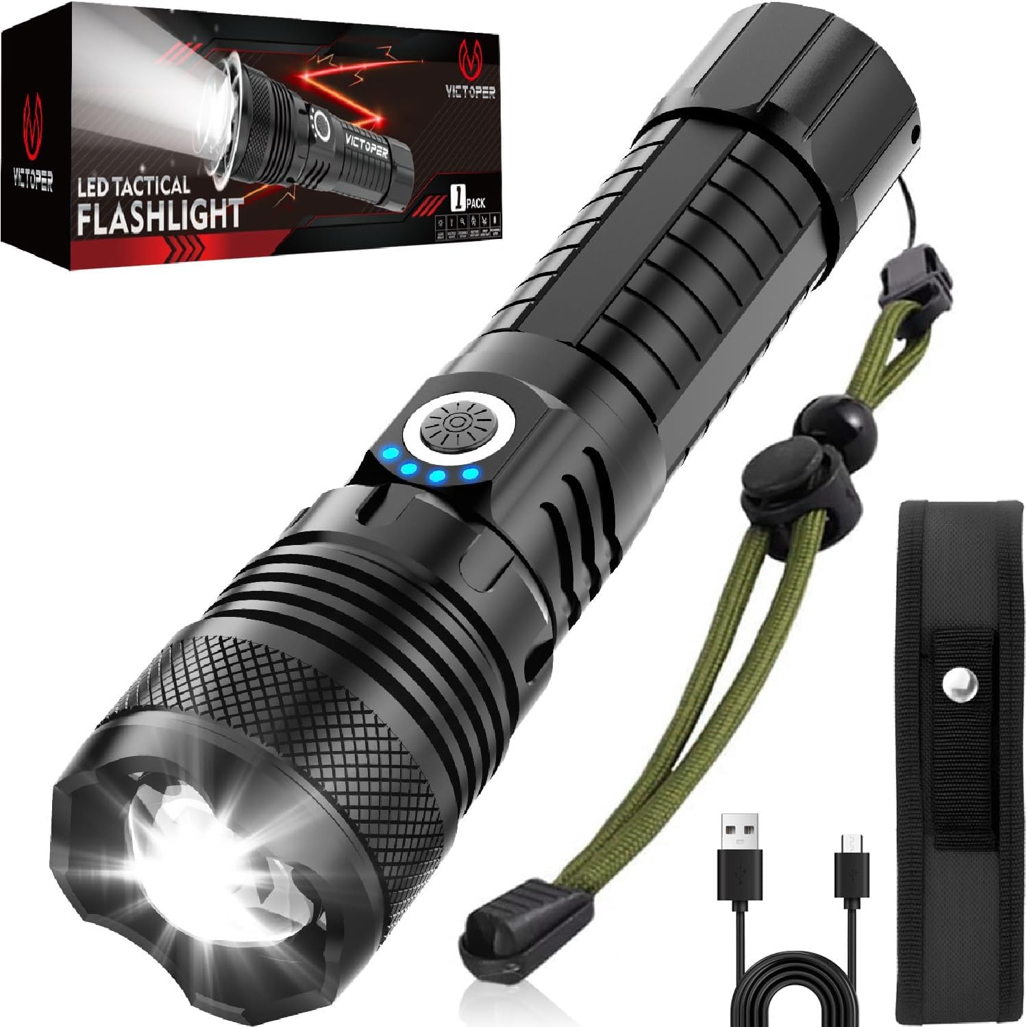 288 High Power LED Tactical Flashlight Rechargeable Torch with Laser – Bright Zoomable Torch Light for Outdoor, Camping & Emergency Use