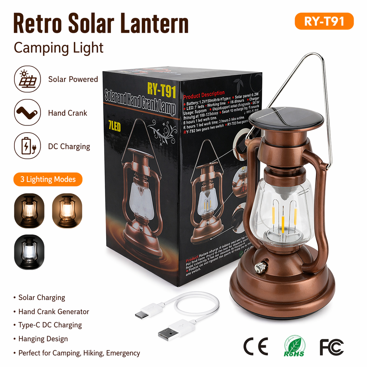 Retro Solar Latern Camping Light Rechargeable Solar Hand Crank DC Charging Hanging Lamp