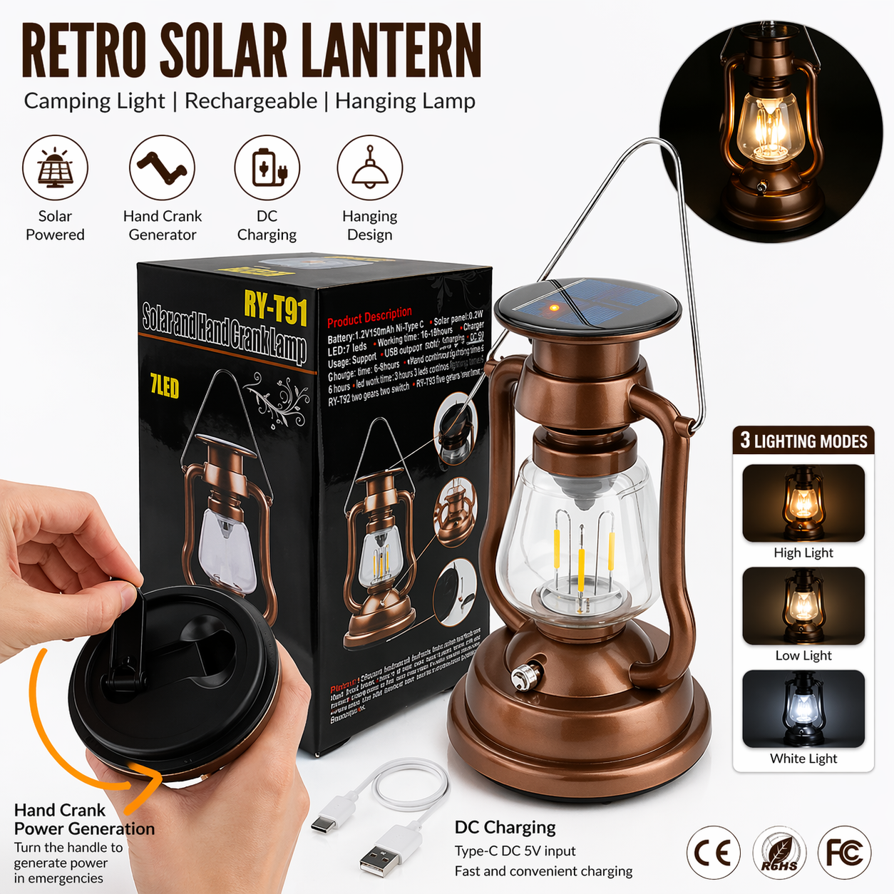 Retro Solar Latern Camping Light Rechargeable Solar Hand Crank DC Charging Hanging Lamp