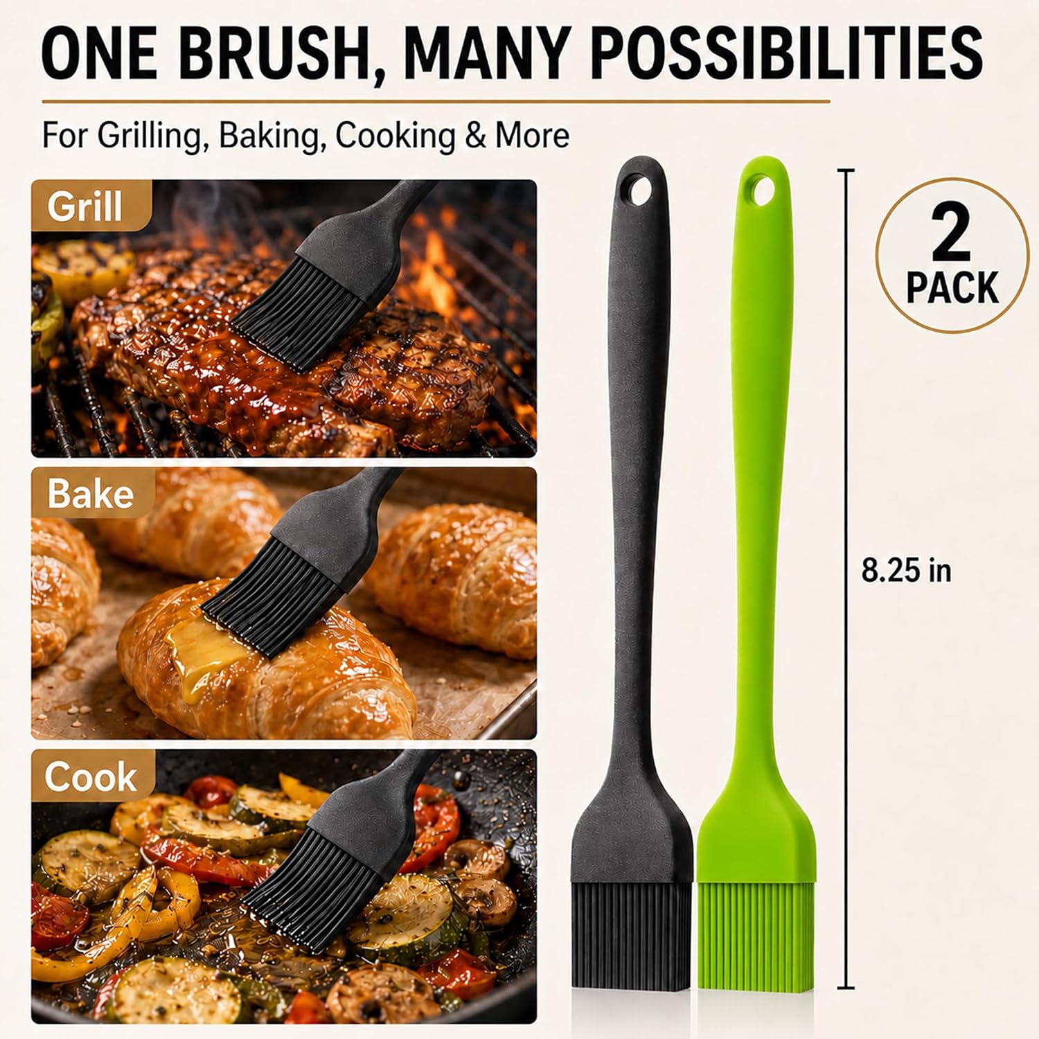 Silicone Pastry Brush, 2Pcs Kitchen Basting Brush for Baking Cooking Bbq Grill Spread Oil Butter Sauce Black+Green