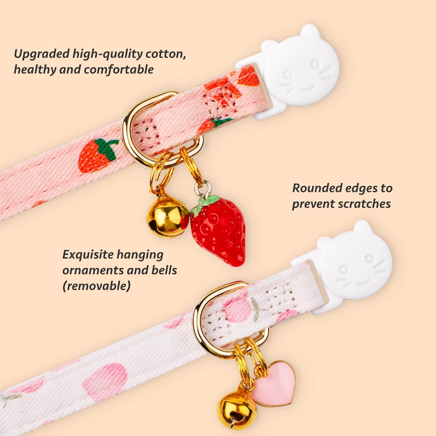 2 Pack Cotton Cat Collar Pink Strawberrie White Heart Cute Kitten Collar | Breakaway Breathable Soft material With cute pendants with Bell
