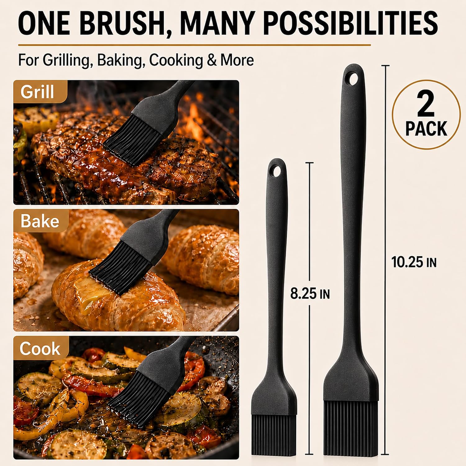 Silicone Pastry Brush, 2Pcs Kitchen Basting Brush for Baking Cooking Bbq Grill Spread Oil Butter Sauce Black