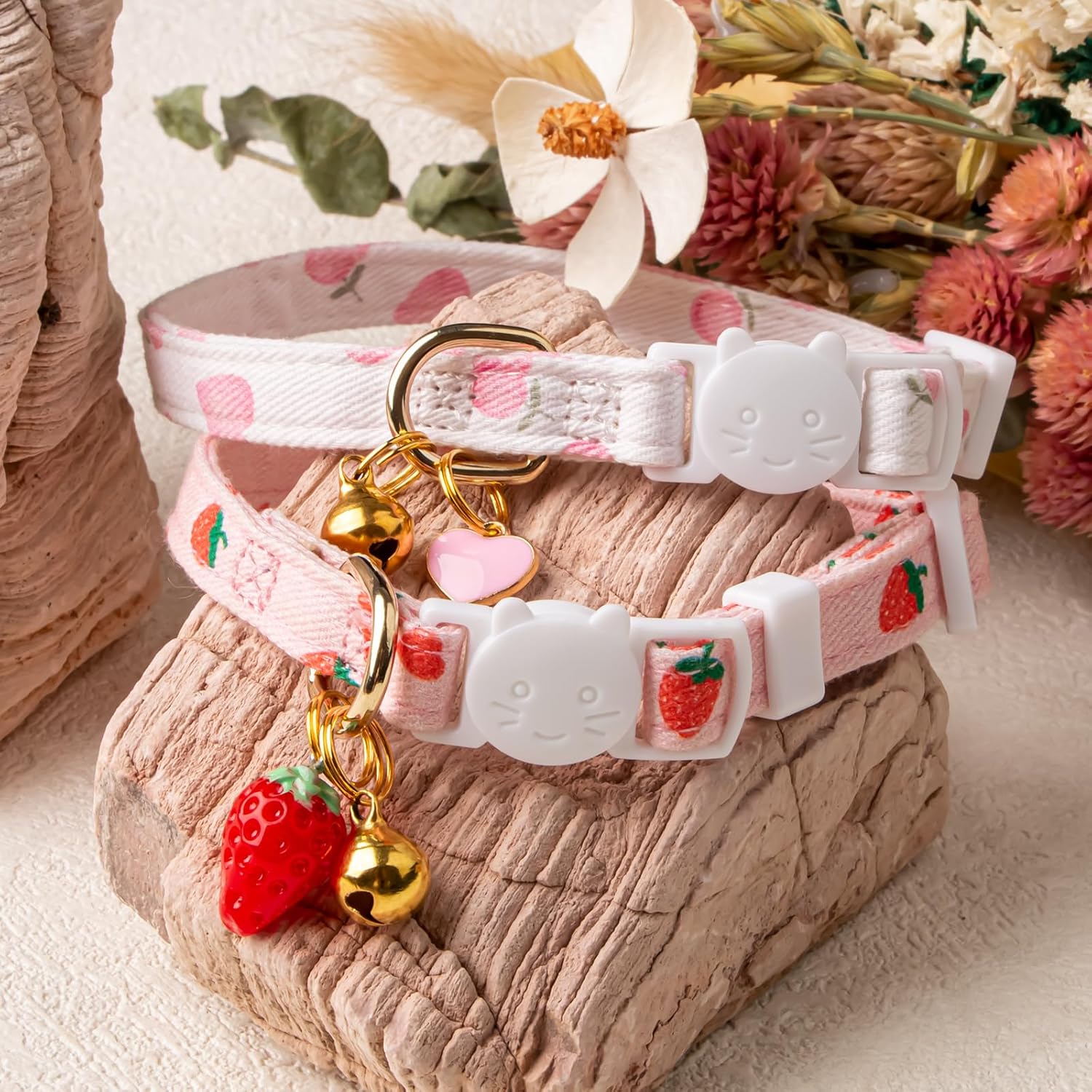 2 Pack Cotton Cat Collar Pink Strawberrie White Heart Cute Kitten Collar | Breakaway Breathable Soft material With cute pendants with Bell