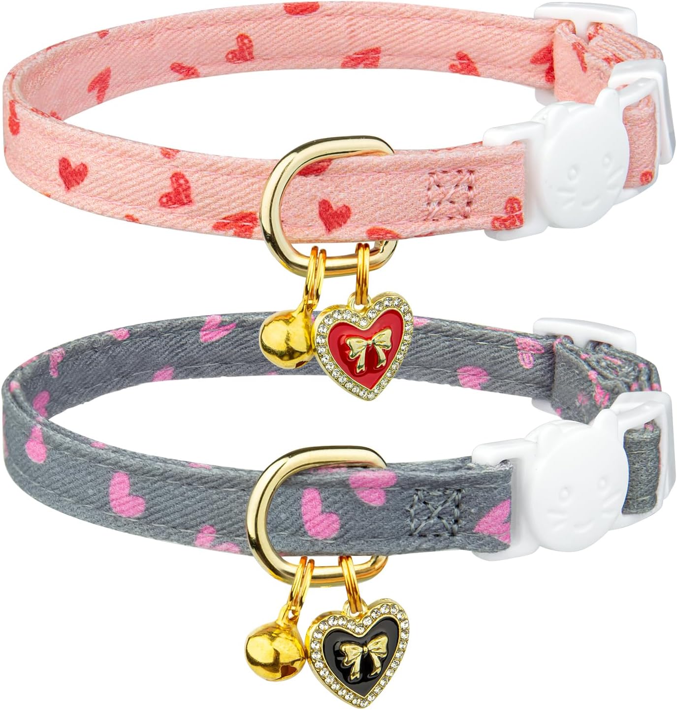2 Pack Cotton Cat Collar Pink Strawberrie White Heart Cute Kitten Collar | Breakaway Breathable Soft material With cute pendants with Bell
