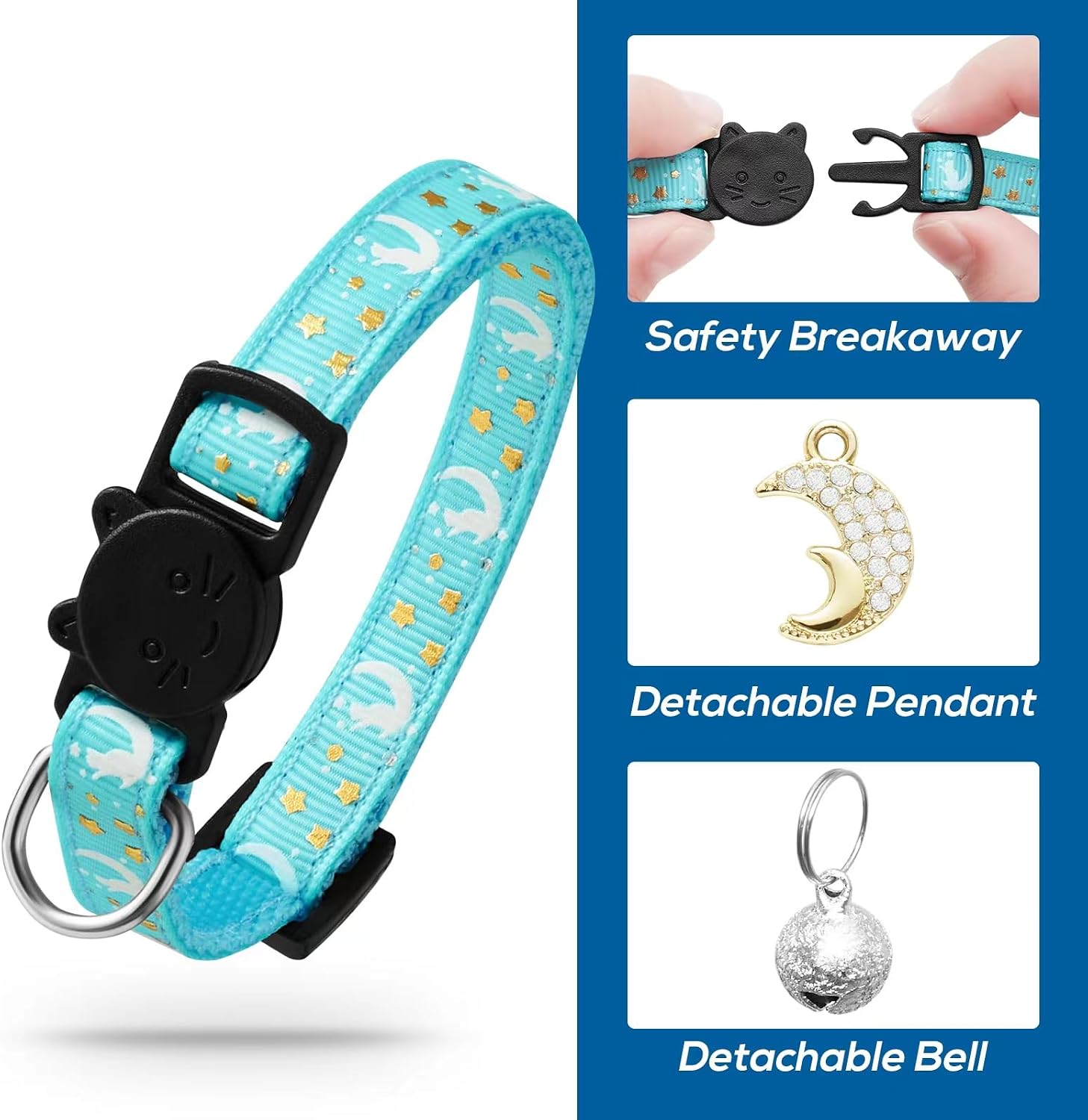 4 PCS Breakaway Cat Collars with Bell Moons Stars,Kitten Collar and Adjustable with Pendant Glow,Cute Kitty Collar for Girl Boy Cats,Pet Gifts,Accessories