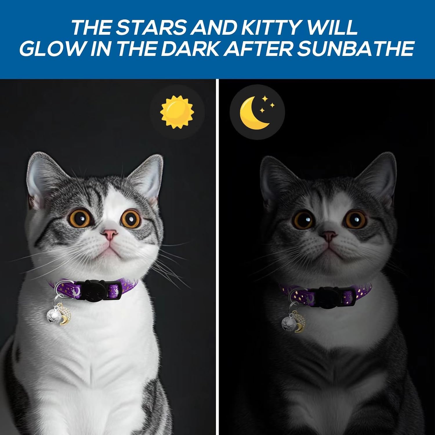 4 PCS Breakaway Cat Collars with Bell Moons Stars,Kitten Collar and Adjustable with Pendant Glow,Cute Kitty Collar for Girl Boy Cats,Pet Gifts,Accessories