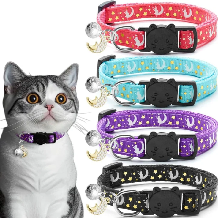 4 PCS Breakaway Cat Collars with Bell Moons Stars,Kitten Collar and Adjustable with Pendant Glow,Cute Kitty Collar for Girl Boy Cats,Pet Gifts,Accessories