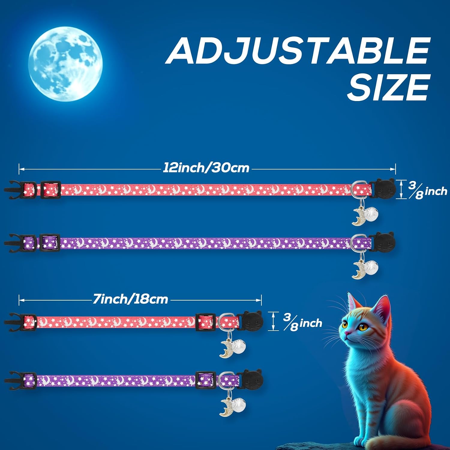 4 PCS Breakaway Cat Collars with Bell Moons Stars,Kitten Collar and Adjustable with Pendant Glow,Cute Kitty Collar for Girl Boy Cats,Pet Gifts,Accessories