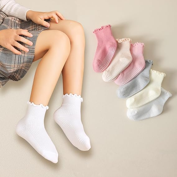 6 Pairs Toddler Socks Ruffle for Girls Baby Grip Socks Non Slip Cute Frill