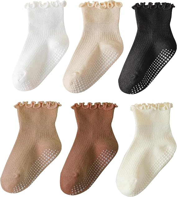 6 Pairs Toddler Socks Ruffle for Girls Baby Grip Socks Non Slip Cute Frill