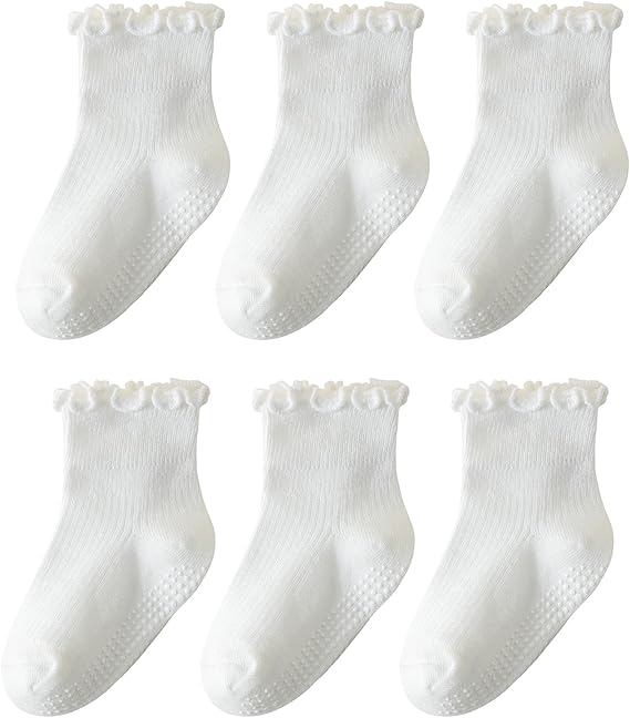 6 Pairs Toddler Socks Ruffle for Girls Baby Grip Socks Non Slip Cute Frill