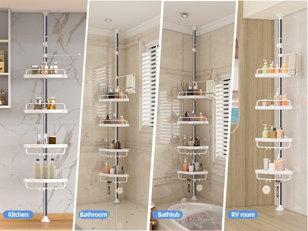 Bathroom Adjustable Height Ground to Ceiling Multi corner Shelf , Space Saver Storage Rack for Shampoo, Soap & Toiletries, Rust Resistant Organizer for Bathroom & Kitchen Use Daily.