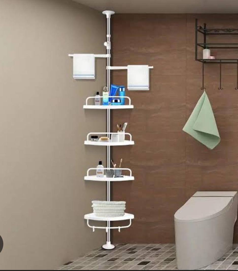 Bathroom Adjustable Height Ground to Ceiling Multi corner Shelf , Space Saver Storage Rack for Shampoo, Soap & Toiletries, Rust Resistant Organizer for Bathroom & Kitchen Use Daily.