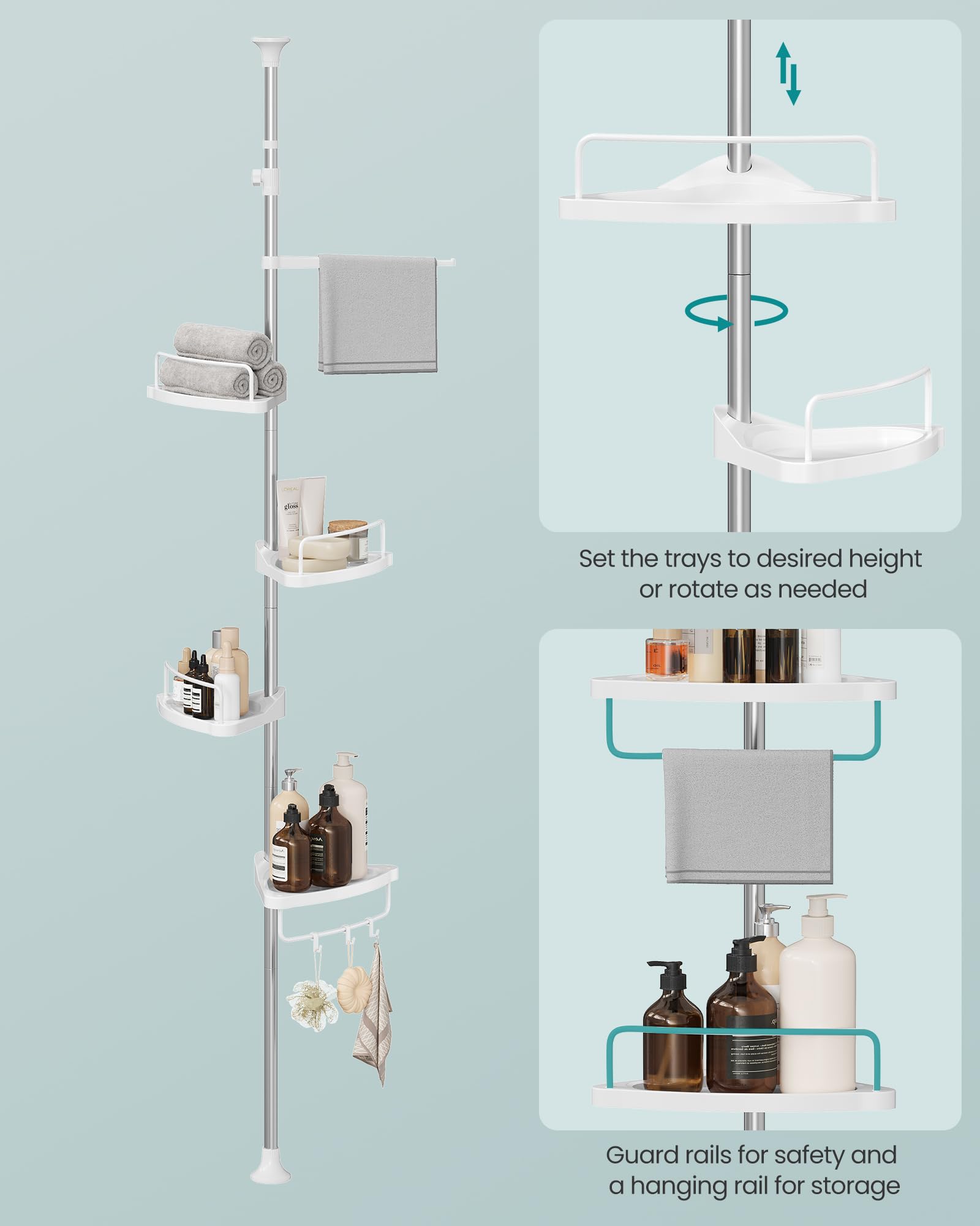 Bathroom Adjustable Height Ground to Ceiling Multi corner Shelf , Space Saver Storage Rack for Shampoo, Soap & Toiletries, Rust Resistant Organizer for Bathroom & Kitchen Use Daily.