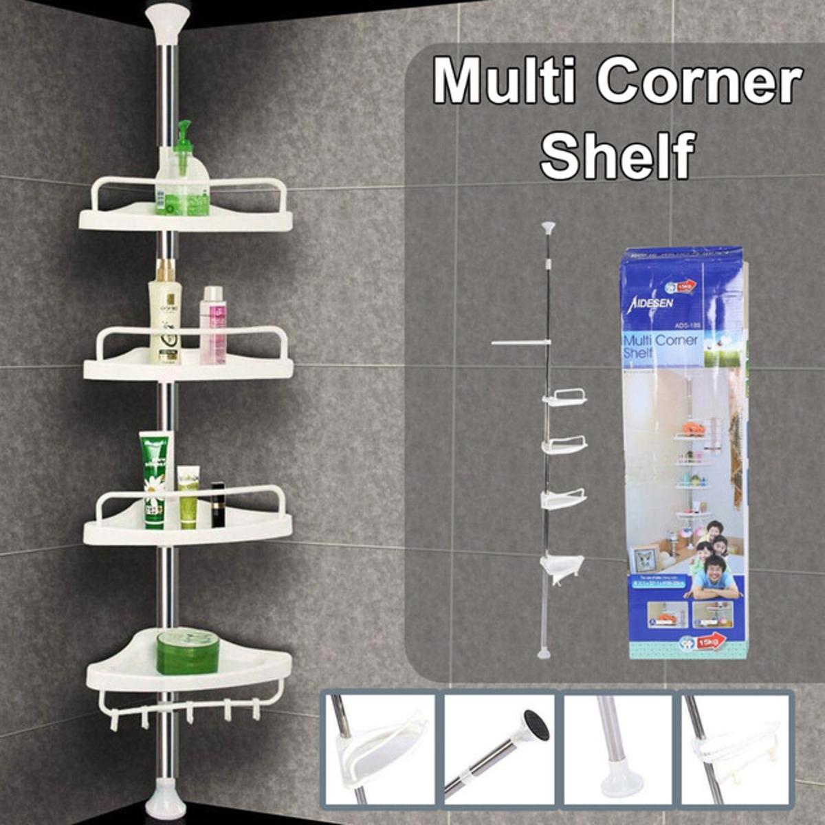 Bathroom Adjustable Height Ground to Ceiling Multi corner Shelf , Space Saver Storage Rack for Shampoo, Soap & Toiletries, Rust Resistant Organizer for Bathroom & Kitchen Use Daily.