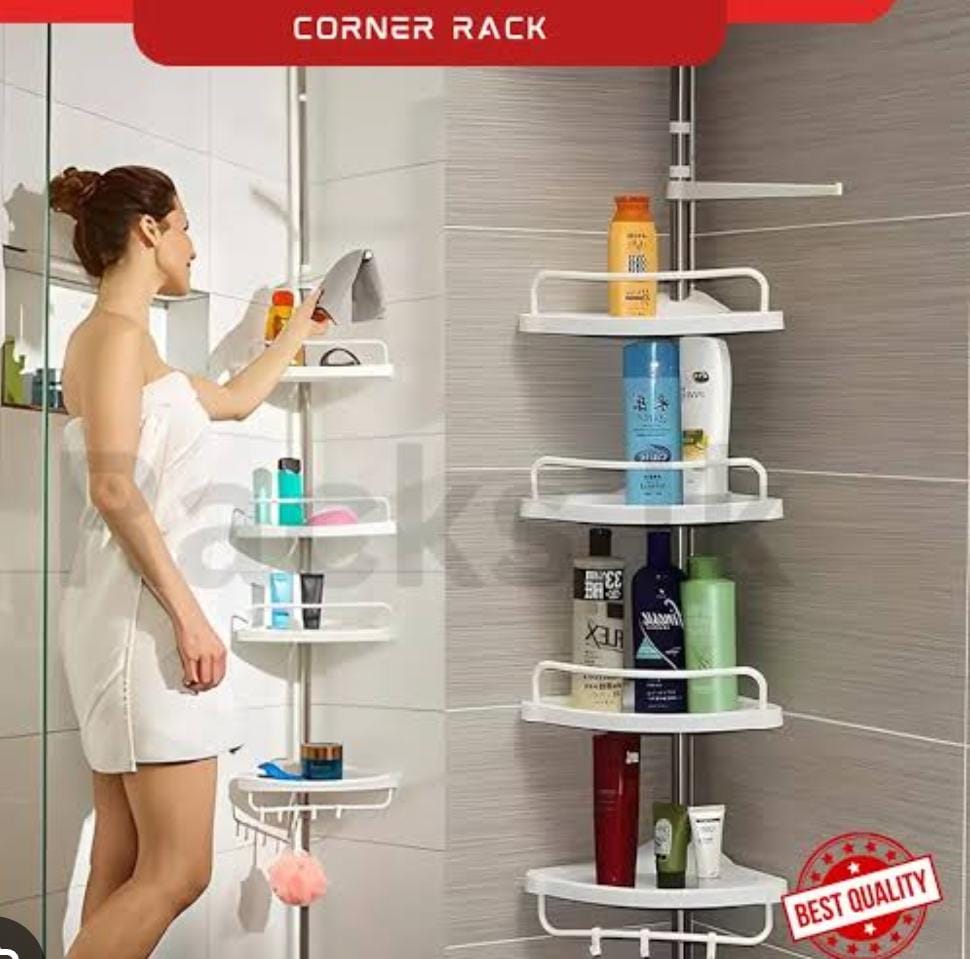 Bathroom Adjustable Height Ground to Ceiling Multi corner Shelf , Space Saver Storage Rack for Shampoo, Soap & Toiletries, Rust Resistant Organizer for Bathroom & Kitchen Use Daily.