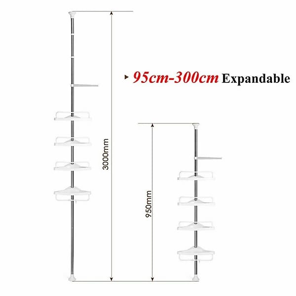Bathroom Adjustable Height Ground to Ceiling Multi corner Shelf , Space Saver Storage Rack for Shampoo, Soap & Toiletries, Rust Resistant Organizer for Bathroom & Kitchen Use Daily.