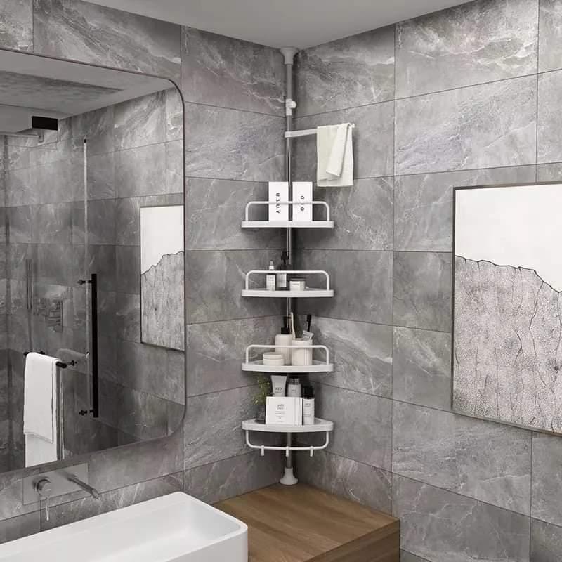 Bathroom Adjustable Height Ground to Ceiling Multi corner Shelf , Space Saver Storage Rack for Shampoo, Soap & Toiletries, Rust Resistant Organizer for Bathroom & Kitchen Use Daily.
