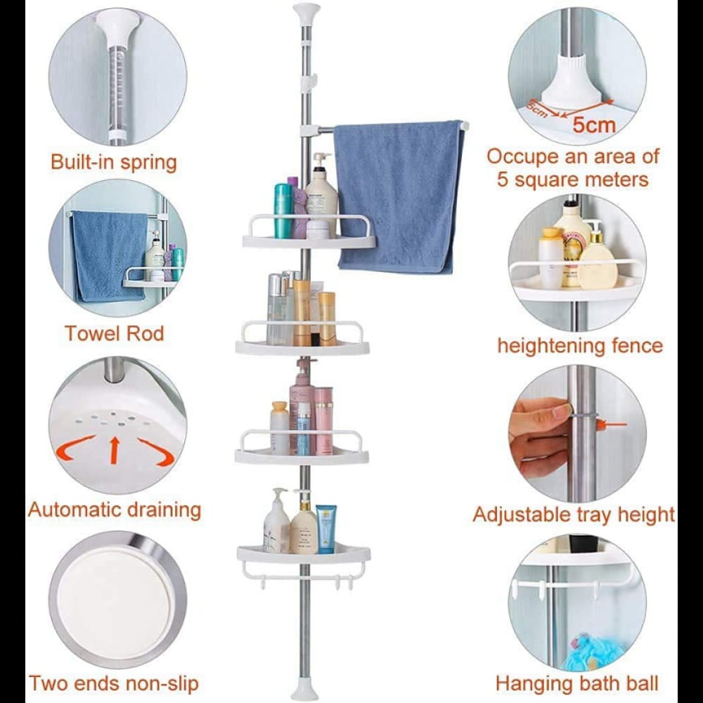 Bathroom Adjustable Height Ground to Ceiling Multi corner Shelf , Space Saver Storage Rack for Shampoo, Soap & Toiletries, Rust Resistant Organizer for Bathroom & Kitchen Use Daily.