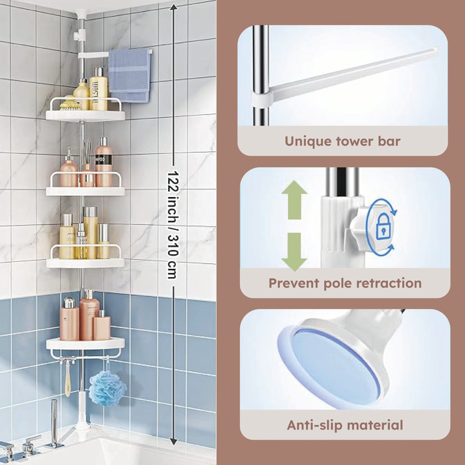 Bathroom Adjustable Height Ground to Ceiling Multi corner Shelf , Space Saver Storage Rack for Shampoo, Soap & Toiletries, Rust Resistant Organizer for Bathroom & Kitchen Use Daily.