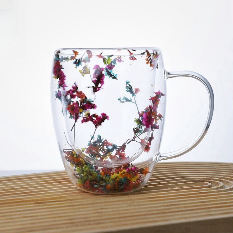 Insulated Double Wall Glass Cup Dried Flower Coffee Cup with Handle Household Hot Capacity 350mls and Cold WaterCup Milk Mug Tea Cup