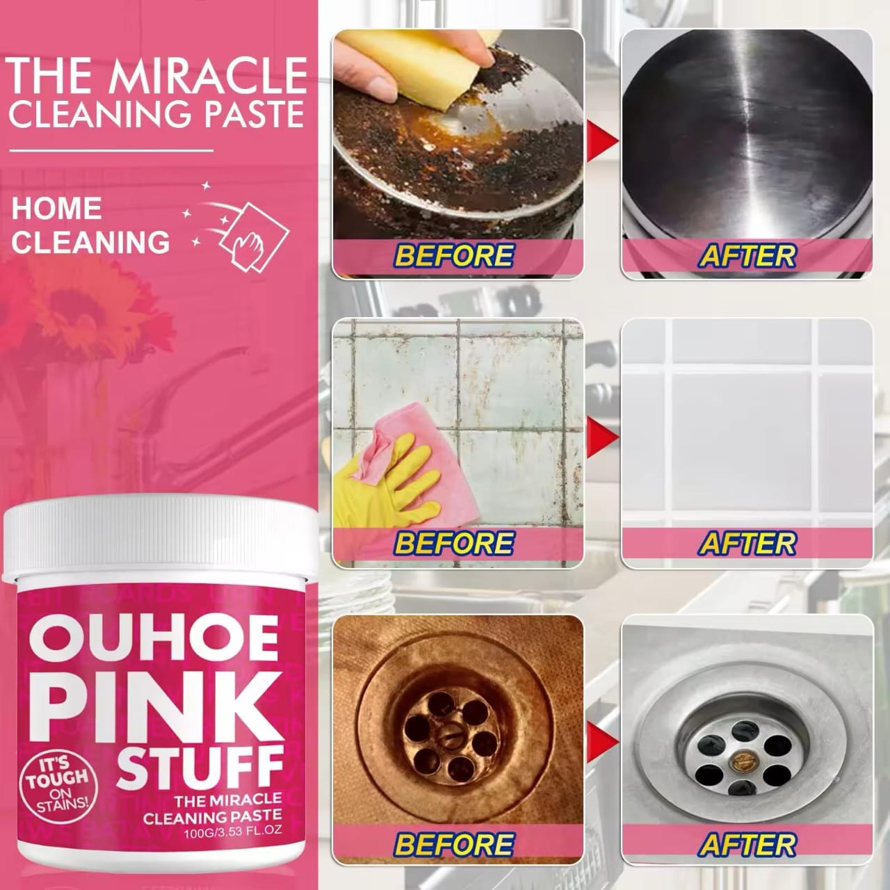 NEW ARRIVALS!!! 100g pink stuff Multipurpose Cleaner Cream Powerful Decontamination Kitchen Paste.Stainless Steel Scratches Remover Stain Polishing Cream