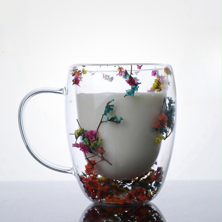 Insulated Double Wall Glass Cup Dried Flower Coffee Cup with Handle Household Hot Capacity 350mls and Cold WaterCup Milk Mug Tea Cup