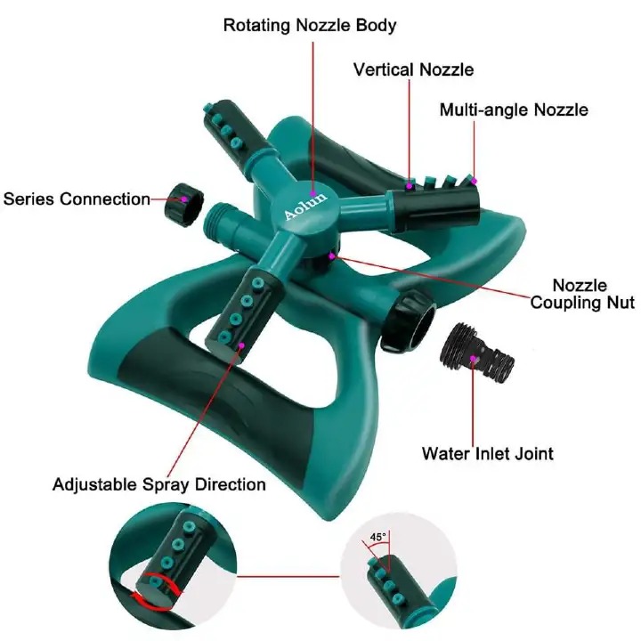 High quality 3-arm garden sprinkler with 2 spray options now available NB Doesn't include pipe.
