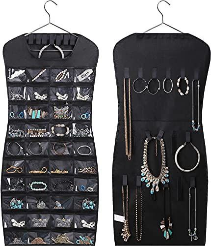 Dress-Shaped Double-Sided Hanging Jewelry Organizer – 40 Clear Pockets & 20 Hook-and-Loop Tabs – Space-Saving Wardrobe Storage for Earrings, Necklaces