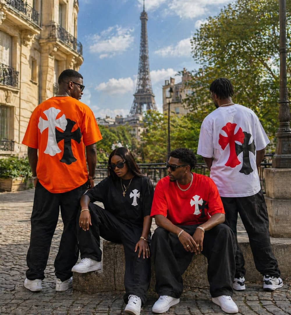 NEW ARRIVALS Trendy High Quality Warm oversized Chrome Hearts  heavyweight cotton t-shirt with large black and white cross motif.
