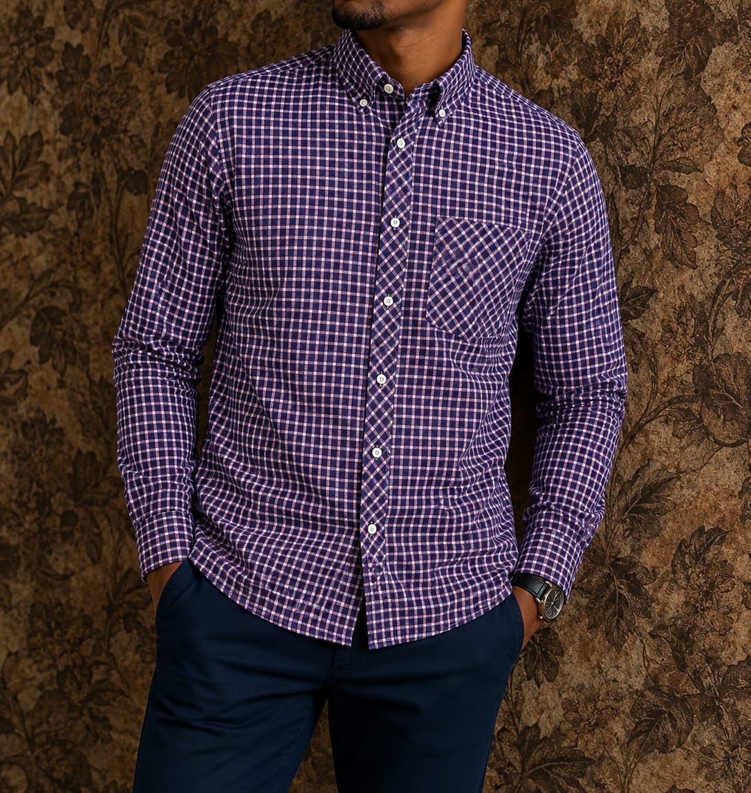 LATEST Outstanding Classic Comfortable Trendy High quality cotton purple checkered long-sleeve cotton shirt with classic button-down collar and  chest pocket.