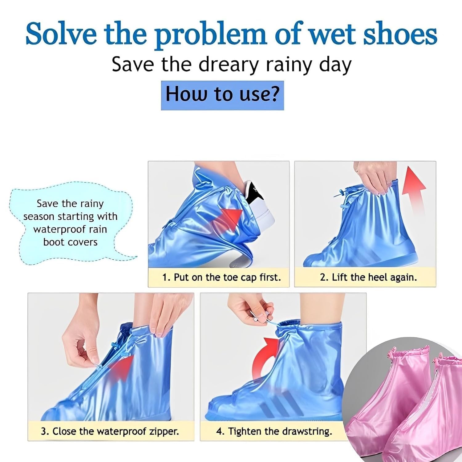 Reusable Waterproof Rain Shoe Covers for Kids - Anti-Slip PVC Boots with Zipper & Drawstring, Outdoor Protective Overshoes.Waterproof Shoe Cover With Zipper.