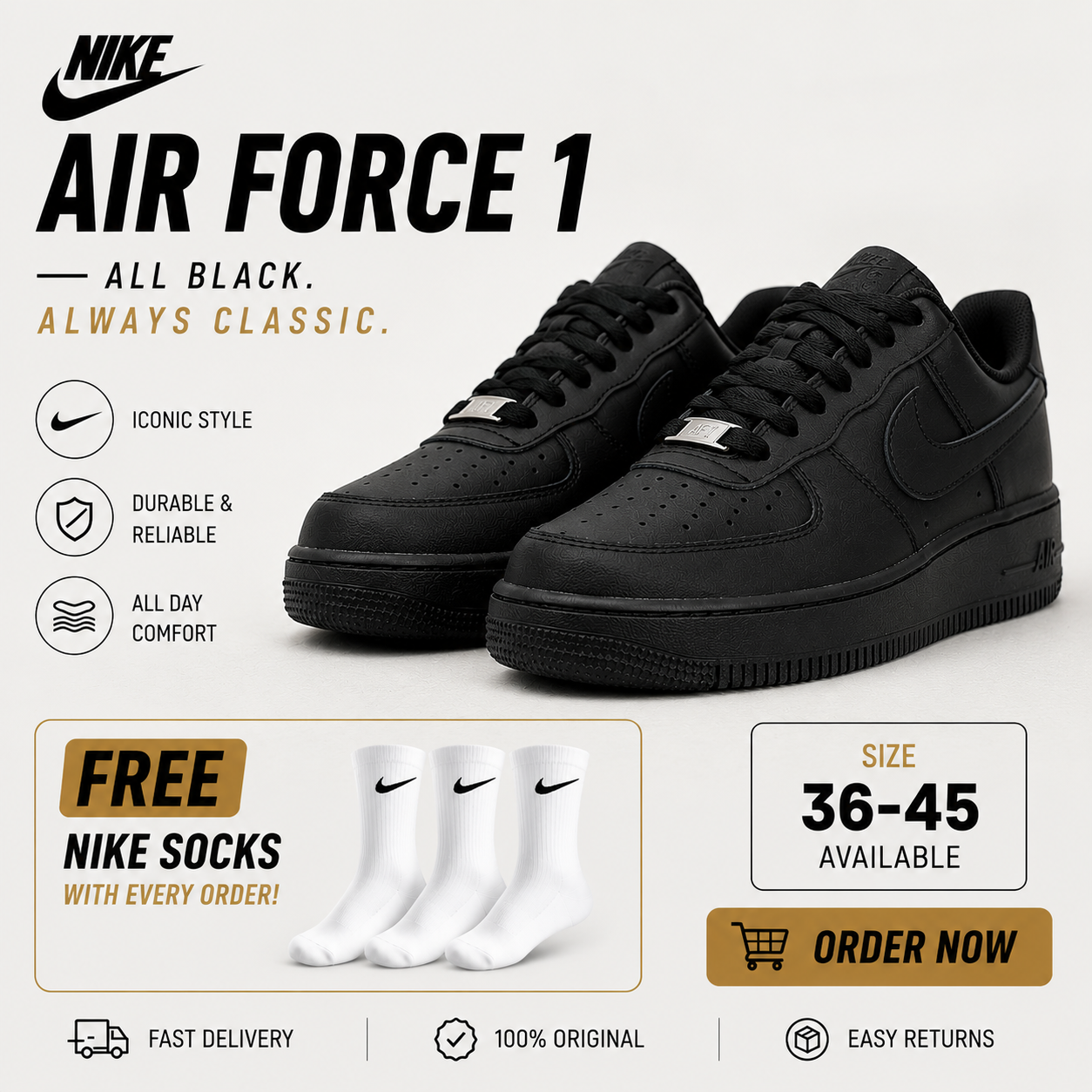 (FREE SOCKS) ORIGINAL LEATHER AIR FORCE 1 BLACK, COLOUR TRIPPLE BLACK ,HIGH QUALITY SNEAKERS. AIRFORCE 1 white JORDAN Best shop for Airforce, Air jordan, Airmax tn, Air force sneakers)
