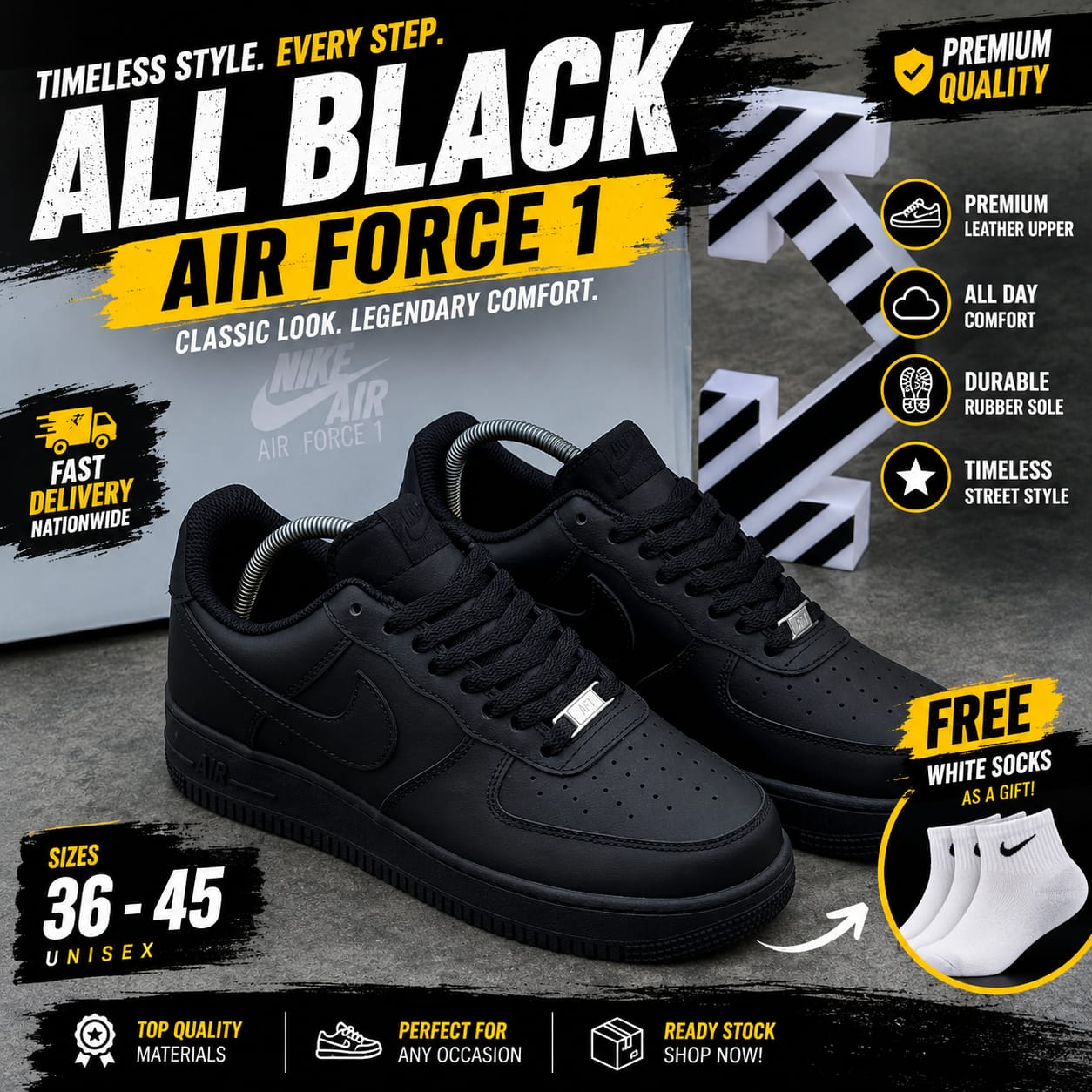 🔥 (On Offer) Air Force 1 Pure Black Low Classic Sneakers – Premium All-White & Triple Black Airforce 1 Leather Casual Streetwear Shoes | Unisex Everyday Comfort, Durable Sole & Timeless Urban Style,