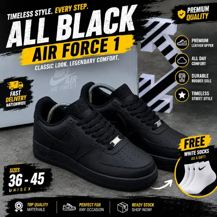 🔥 (On Offer) Air Force 1 Pure Black Low Classic Sneakers – Premium All-White & Triple Black Airforce 1 Leather Casual Streetwear Shoes | Unisex Everyday Comfort, Durable Sole & Timeless Urban Style,