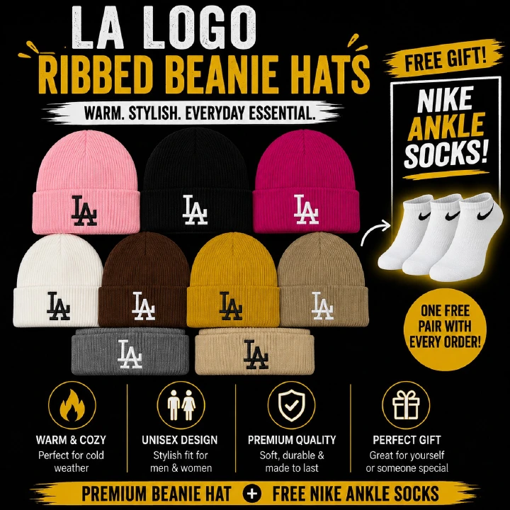 🔥 (ON OFFER) 🔥 LA Logo Ribbed Knit Beanie Hat – Unisex Winter Warm Skull Cap for Men & Women with FREE Nike Ankle Socks | Soft Stretch Cuffed Beanie | Streetwear Fashion Winter Cap | Cozy Cold Weath