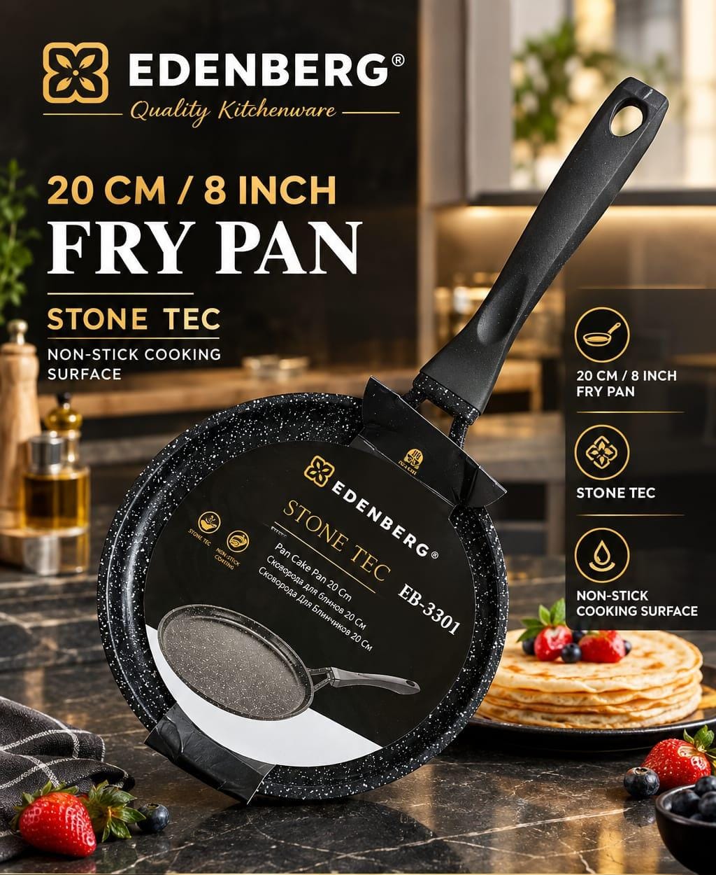 🌻EDENBERG FLAT GRANITE Pancake/Chapati/Omelletes/Crepes Pan NON STICK🍁🎊perfect non stick coating that allows you to enjoy oil Free Cooking hence Preserving Nutrients In Food and has Bakelite handle