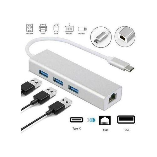 Type C to RJ45 10/100/100 Gigabit Ethernet Network Adapter + 3 Port UStyB 3.0 Hub DATA CABLE