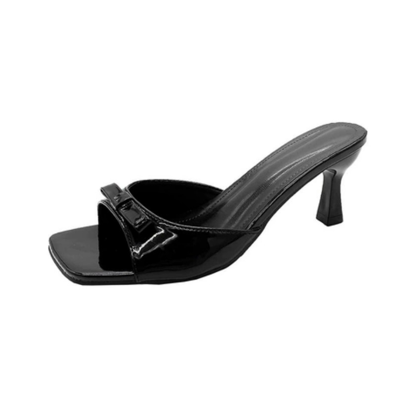 Patent Leather Square-Toe Kitten Heel Mules with Buckle