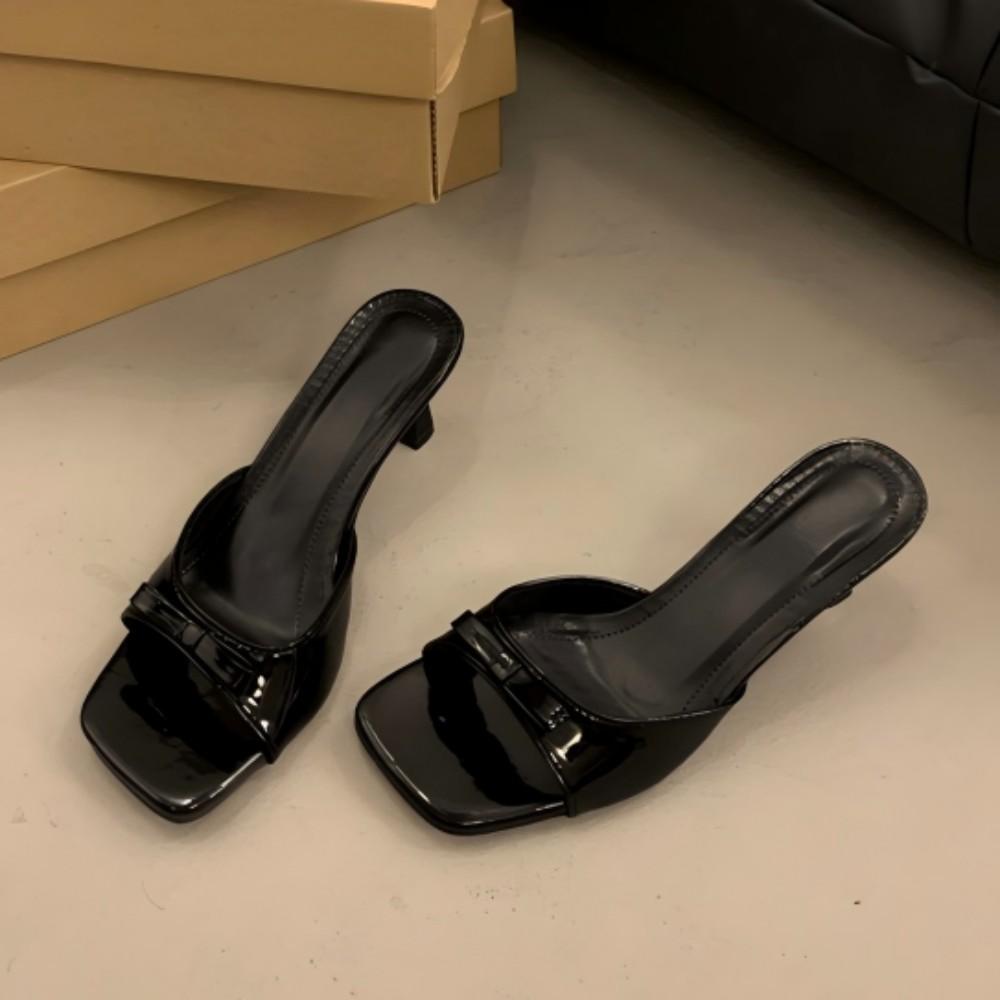 Patent Leather Square-Toe Kitten Heel Mules with Buckle